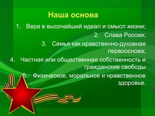 Наша основа
1. Вера в высочайший идеал и смысл жизни;
2. Слава России;
3. Семья как нравственно-духовная
первооснова;
4. Частная или общественная собственность и
гражданские свободы
5. Физическое, моральное и нравственное
здоровье.

 