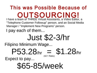 This was Possible Because of

OUTSOURCING!

I have a team of THREE Virtual Assistants, a Video Editor, a
“Telephone Customer Followup” person, and an Social Media
Manager / “Implement New Programs” person.

I pay each of them...

Just $2-3/hr
Filipino Minimum Wage...

P53.28/hr = $1.28/hr
Expect to pay...

(42:1 Ratio)

$65-85/week

 