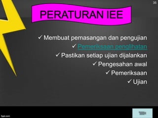 35

 Membuat pemasangan dan pengujian
 Pemeriksaan penglihatan
 Pastikan setiap ujian dijalankan
 Pengesahan awal
 Pemeriksaan
 Ujian

 