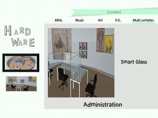 Content

H A RD

MAIL

Music

Art

P.E.

Multi complex

WA R E
Smart Glass

Administration

 