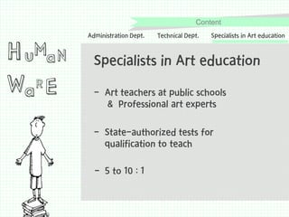 Content

H uMa N
R
Wa E

Administration Dept.

Technical Dept.

Specialists in Art education

Specialists in Art education
- Art teachers at public schools
& Professional art experts
- State-authorized tests for
qualification to teach
- 5 to 10 : 1

 