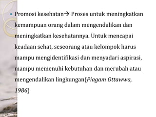 

Promosi kesehatan Proses untuk meningkatkan

kemampuan orang dalam mengendalikan dan
meningkatkan kesehatannya. Untuk mencapai
keadaan sehat, seseorang atau kelompok harus
mampu mengidentifikasi dan menyadari aspirasi,
mampu memenuhi kebutuhan dan merubah atau

mengendalikan lingkungan(Piagam Ottawwa,
1986)

 