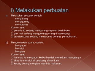 a)

Melakukan sesuatu, contoh;
mengarang
menggoreng
memproses
Contoh ayat;
1) penulis itu sedang mengarang sepuluh buah buku
2) pak mat sedang menggoreng pisang di warungnya.
3) jawatankuasa sedang memproses borang permohonan.

b)

Mengeluarkan suara, contoh;
Mengaum
Mencicit
Mengiau
Contoh ayat;
1) harimau itu mengaum ketika hendak menerkam mangsanya.
2) tikus itu mencicit di belakang almari kain
3) kucing belang mengiau meminta makanan.

 