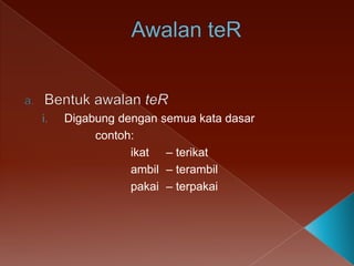 i.

Digabung dengan semua kata dasar
contoh:
ikat – terikat
ambil – terambil
pakai – terpakai

 