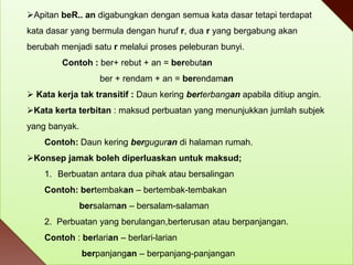 Apitan beR.. an digabungkan dengan semua kata dasar tetapi terdapat

kata dasar yang bermula dengan huruf r, dua r yang bergabung akan
berubah menjadi satu r melalui proses peleburan bunyi.
Contoh : ber+ rebut + an = berebutan
ber + rendam + an = berendaman

 Kata kerja tak transitif : Daun kering berterbangan apabila ditiup angin.
Kata kerta terbitan : maksud perbuatan yang menunjukkan jumlah subjek
yang banyak.
Contoh: Daun kering berguguran di halaman rumah.
Konsep jamak boleh diperluaskan untuk maksud;
1. Berbuatan antara dua pihak atau bersalingan
Contoh: bertembakan – bertembak-tembakan
bersalaman – bersalam-salaman
2. Perbuatan yang berulangan,berterusan atau berpanjangan.
Contoh : berlarian – berlari-larian
berpanjangan – berpanjang-panjangan

 