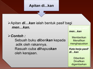 Apitan di...kan

Apitan di…kan ialah bentuk pasif bagi
men…kan.
Kata kerja aktif
men…kan

Contoh :
Sebuah buku diberikan kepada
adik oleh rakannya.
Rasuah cuba dihapuskan
oleh kerajaan.

Memberikan
Menafikan
menghapuskan
Kata kerja pasif
di…kan
Diberikan
Dinafikan
digambarkan

 