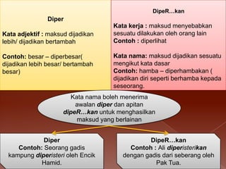 DipeR…kan

Diper
Kata adjektif : maksud dijadikan
lebih/ dijadikan bertambah

Contoh: besar – diperbesar(
dijadikan lebih besar/ bertambah
besar)

Kata kerja : maksud menyebabkan
sesuatu dilakukan oleh orang lain
Contoh : diperlihat

Kata nama: maksud dijadikan sesuatu
mengikut kata dasar
Contoh: hamba – diperhambakan (
dijadikan diri seperti berhamba kepada
seseorang.

Kata nama boleh menerima
awalan diper dan apitan
dipeR…kan untuk menghasilkan
maksud yang berlainan
Diper
Contoh: Seorang gadis
kampung diperisteri oleh Encik
Hamid.

DipeR…kan
Contoh : Ali diperisterikan
dengan gadis dari seberang oleh
Pak Tua.

 