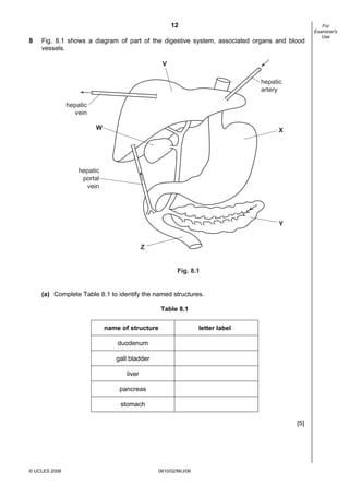 12
8

Fig. 8.1 shows a diagram of part of the digestive system, associated organs and blood
vessels.

V
hepatic
artery
hepatic
vein
W

X

hepatic
portal
vein

Y

Z

Fig. 8.1

(a) Complete Table 8.1 to identify the named structures.
Table 8.1
name of structure

letter label

duodenum
gall bladder
liver
pancreas
stomach
[5]

© UCLES 2006

0610/02/M/J/06

For
Examiner's
Use

 