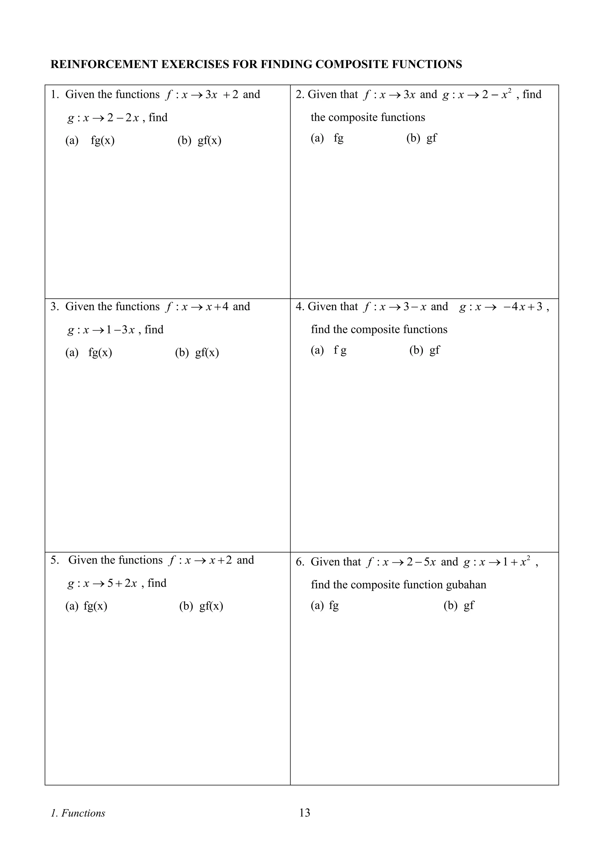 REINFORCEMENT EXERCISES FOR FINDING COMPOSITE FUNCTIONS
1. Given the functions f : x  3x  2 and

2. Given that f : x  3x and g : x  2  x 2 , find

g : x  2  2 x , find

(a)

fg(x)

the composite functions
(a) fg

(b) gf(x)

3. Given the functions f : x  x  4 and

4. Given that f : x  3  x and g : x   4 x  3 ,

g : x  1  3 x , find

(a) fg(x)

find the composite functions
(a) f g

(b) gf(x)

5. Given the functions f : x  x  2 and

1. Functions

(b) gf

6. Given that f : x  2  5x and g : x  1  x 2 ,

g : x  5  2 x , find

(a) fg(x)

(b) gf

find the composite function gubahan
(a) fg

(b) gf(x)

13

(b) gf

 