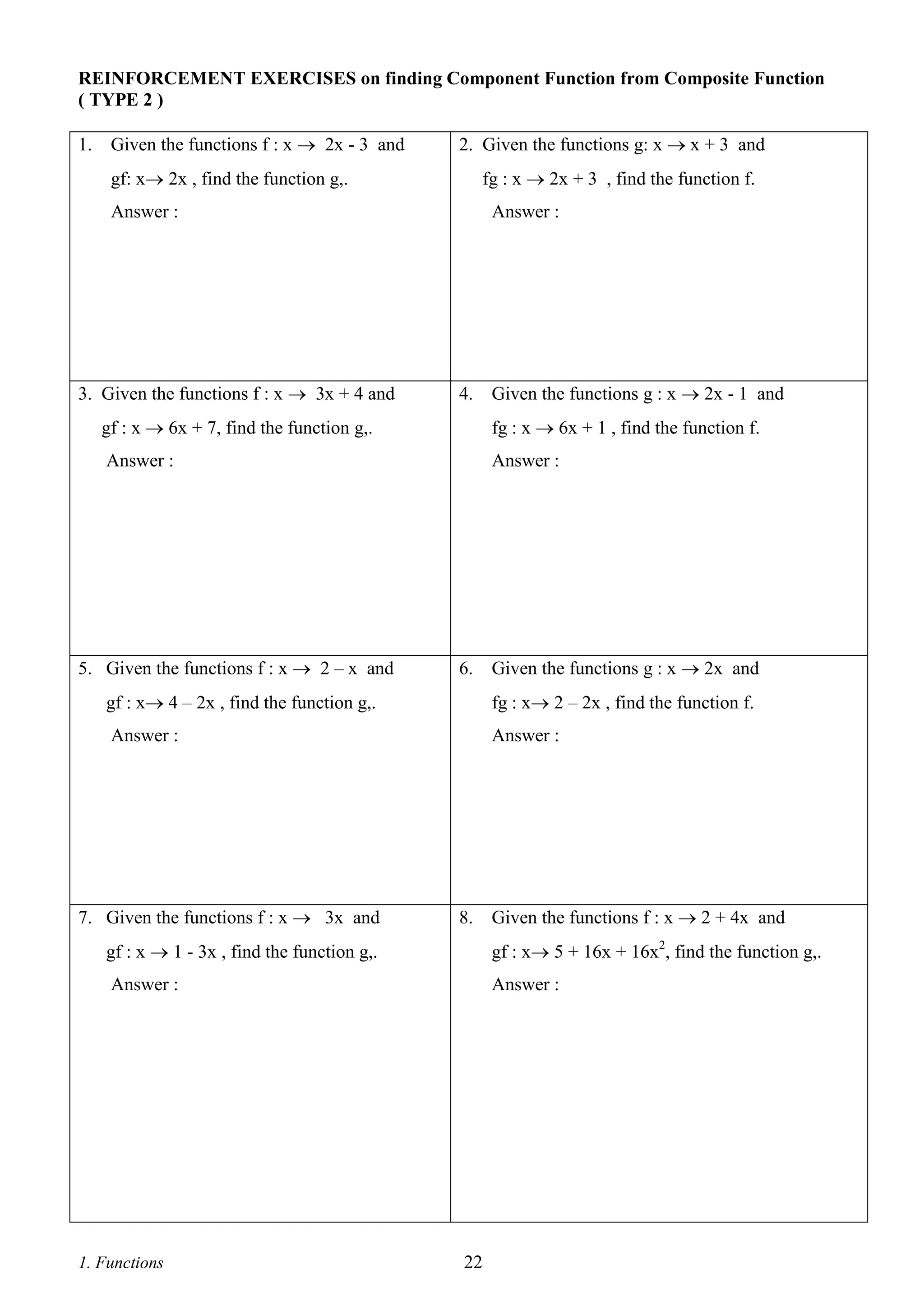 REINFORCEMENT EXERCISES on finding Component Function from Composite Function
( TYPE 2 )
1.

Given the functions f : x  2x - 3 and

2. Given the functions g: x  x + 3 and
fg : x  2x + 3 , find the function f.

gf: x 2x , find the function g,.
Answer :

3. Given the functions f : x  3x + 4 and

Answer :

4.

Given the functions g : x  2x - 1 and

gf : x  6x + 7, find the function g,.

fg : x  6x + 1 , find the function f.

Answer :

Answer :

5. Given the functions f : x  2 – x and

6.

Given the functions g : x  2x and

gf : x 4 – 2x , find the function g,.

fg : x 2 – 2x , find the function f.

Answer :

Answer :

7. Given the functions f : x  3x and

8.

Given the functions f : x  2 + 4x and

gf : x  1 - 3x , find the function g,.

gf : x 5 + 16x + 16x2, find the function g,.

Answer :

Answer :

1. Functions

22

 