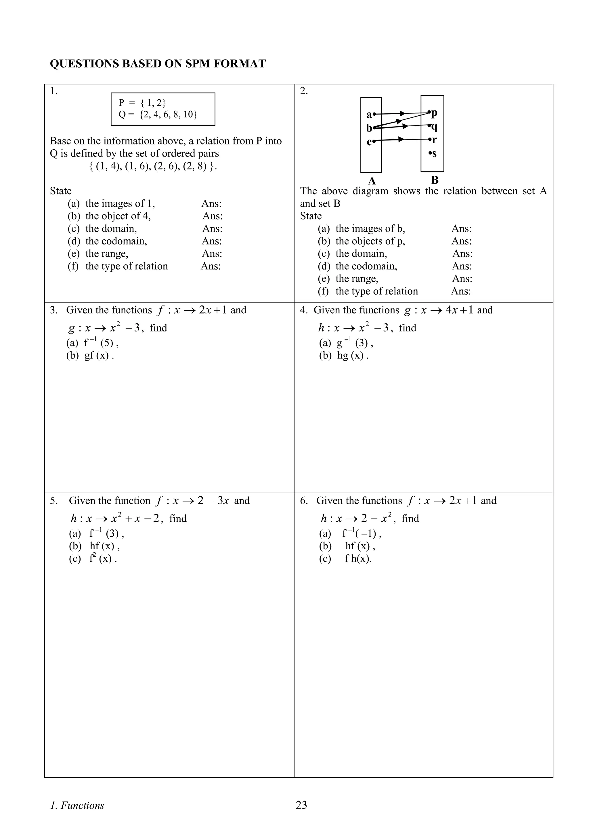 QUESTIONS BASED ON SPM FORMAT
1.

2.
P = { 1, 2, 3}
2}
Q = {2, 4, 6, 8, 10}

a•
b•
c•
A

Base on the information above, a relation from P into
Q is defined by the set of ordered pairs
{ (1, 4), (1, 6), (2, 6), (2, 8) }.
State
(a)
(b)
(c)
(d)
(e)
(f)

the images of 1,
the object of 4,
the domain,
the codomain,
the range,
the type of relation

Ans:
Ans:
Ans:
Ans:
Ans:
Ans:

3. Given the functions f : x  2 x  1 and

•p
•q
•r
•s
B

The above diagram shows the relation between set A
and set B
State
(a) the images of b,
Ans:
(b) the objects of p,
Ans:
(c) the domain,
Ans:
(d) the codomain,
Ans:
(e) the range,
Ans:
(f) the type of relation
Ans:
4. Given the functions g : x  4 x  1 and

g : x  x  3 , find

h : x  x 2  3 , find

(a) f –1 (5) ,
(b) gf (x) .

(a) g –1 (3) ,
(b) hg (x) .

2

5.

Given the function f : x  2  3x and

6. Given the functions f : x  2 x  1 and

h : x  x  x  2 , find

h : x  2  x 2 , find

(a) f –1 (3) ,
(b) hf (x) ,
(c) f2 (x) .

(a) f –1( –1) ,
(b) hf (x) ,
(c) f h(x).

2

1. Functions

23

 