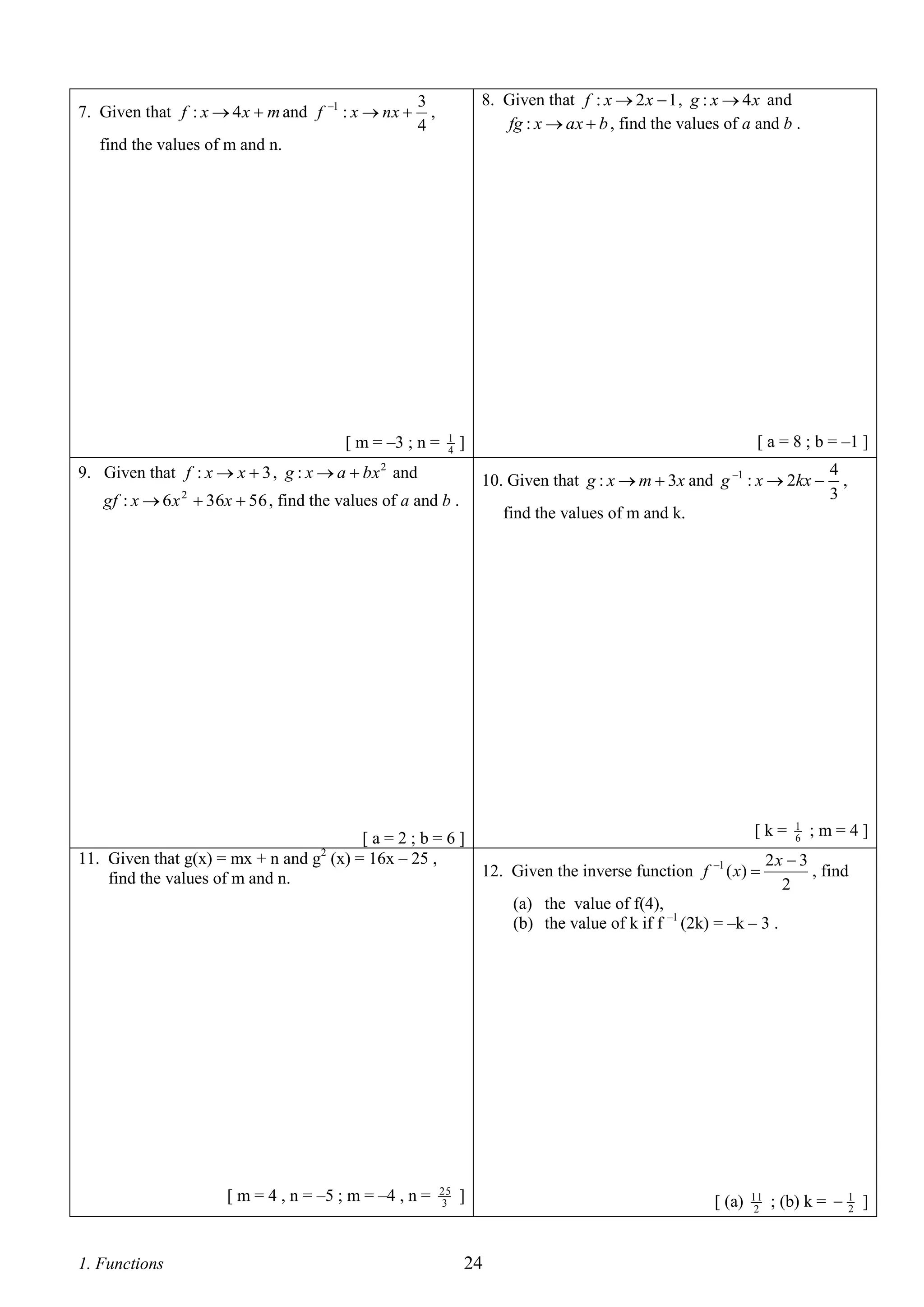7. Given that f : x  4 x  m and f

1

: x  nx 

8. Given that f : x  2 x  1 , g : x  4 x and
fg : x  ax  b , find the values of a and b .

3
,
4

find the values of m and n.

[ m = –3 ; n =

1
4

[ a = 8 ; b = –1 ]

]

9. Given that f : x  x  3 , g : x  a  bx 2 and

10. Given that g : x  m  3x and g 1 : x  2kx 

gf : x  6 x 2  36x  56 , find the values of a and b .

4
,
3

find the values of m and k.

[k= 1 ;m=4]
6
[a=2;b=6]
2
11. Given that g(x) = mx + n and g (x) = 16x – 25 ,
2x  3
12. Given the inverse function f 1 ( x) 
, find
find the values of m and n.
2
(a) the value of f(4),
(b) the value of k if f –1 (2k) = –k – 3 .

[ m = 4 , n = –5 ; m = –4 , n =

1. Functions

25
3

]

24

[ (a)

11
2

; (b) k = 

1
2

]

 