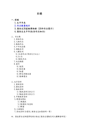目錄
一.前緣
1.生平年表
2.作品數量統計
3.蒲添生3D虛擬博物館 (20件作品簡介)
4.蒲添生生平年表(含作品細目)
二. 作品集
1.家族作品
2.人物作品
3.動物作品
4.戶外紀念像
5.運動系列
6.人體系列
6.1大型作品(等身尺寸以上)
6.2小品
6.3遺失作品
7.紀念胸像
8.畫作
8.1速寫
8.2粉彩畫
8.3油畫
8.4學生時期水墨
8.5春聯書法
三.文字資料
1.畫冊資料
2.雜誌資料
3.報紙資料
3.1報紙資料(A4尺寸)
3.2報紙資料(A3尺寸)
4.早期報章資料
5.聘書及獎狀
5.1典藏狀
5.2感謝狀/紀念狀
5.3聘書
6.工程報告
7.其他資料(含書信,朝倉文夫私塾證明…等)
四. 蒲宜君台北師範學院碩士論文(蒲添生運動系列人體雕塑研究)
 