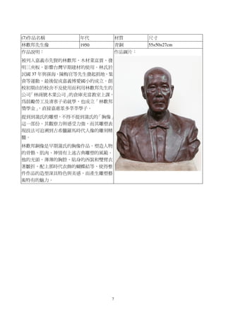 7
(7)作品名稱 年代 材質 尺寸
林歡邦先生像 1950 青銅 55×50×27cm
作品說明：
被列入嘉義市先賢的林歡邦，木材業富賈，發
明三夾板，影響台灣早期建材的使用。林氏於
民國 37 年與孫海、陳梅官等先生發起捐地、集
資等運動，最後促成嘉義博愛國小的成立。創
校初期由於校舍不及使用而利用林歡邦先生的
公司「林商號木業公司」的倉庫充當教室上課，
為鼓勵勞工及清寒子弟就學，也成立「林歡邦
獎學金」，直接嘉惠眾多莘莘學子。
提到到蒲氏的雕塑，不得不提到蒲氏的「胸像」
這一部份。其觀察力與感受力強，而其雕塑表
現技法可追溯到古希臘羅馬時代人像的雕刻精
髓。
林歡邦銅像是早期蒲氏的胸像作品。塑造人物
的骨骼、肌肉、神情有上述古典雕塑的風範。
他的光頭、薄薄的胸腔、貼身的西裝和雙臂衣
著皺折，配上那時代衣飾的蝴蝶結等，使得整
件作品的造型深具特色與美感，而產生雕塑藝
術特有的魅力。
作品圖片：
 