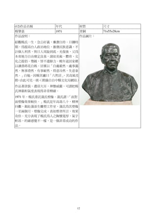 12
(12)作品名稱 年代 材質 尺寸
楊肇嘉 1971 青銅 71×55×28cm
作品說明：
綜觀楊氏一生，急公好義，廉潔自持。日據時
期，為提高台人政治地位，激發民族意識，不
計個人利害，與日人周旋到底。光復後，又為
本省地方自治奠定良基，諸如美術、體育、文
化之提倡、獎掖，皆不遺餘力。晚年退居家鄉
以讀書蒔花自娛。居嘗以「自處毅然，處事藹
然，無事澄然，有事嶄然，得意冷然，失意泰
然。」自勉。因稱其廬曰「六然居」，其高風亮
節，由此可見一斑。（節錄自台中縣文化局網站）
作品著唐裝，濃眉大耳，神態威嚴，可謂把楊
氏神韻和氣度表現得非常精確。
1971 年，楊氏委託蒲氏塑像。蒲氏謂：「面對
面塑像效果較佳。」楊氏是年高壽八十，精神
抖擻，親赴蒲添生雕塑工作室，蒲氏為其塑像
一至兩個月。塑像完成，真如塑者所言，效果
奇佳。充分表現了楊氏為人之胸懷寬厚，氣宇
軒昂，的確感覺不一樣，是一個非常成功的作
品。
作品圖片：
 