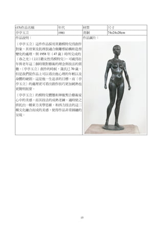 15
(15)作品名稱 年代 材質 尺寸
亭亭玉立 1981 青銅 74×24×20cm
作品說明：
〈亭亭玉立〉這件作品採用英籍模特兒為創作
對象，其骨架及肌理很適合做雕塑結構和造型
變化的處理，與 1958 年（47 歲）時所完成的
〈春之光〉（以日籍女性為模特兒），可視為壯
年與老年這二個時期對藝術的理念與技法的貫
徹。〈亭亭玉立〉創作的時候，蒲氏已 70 歲，
但是我們從作品上可以看出他心理的年輕以及
身體的硬朗。這是他一生追求的目標，而〈亭
亭玉立〉的處理更可看出創作技巧更加純熟也
更簡明扼要。
〈亭亭玉立〉的模特兒體態和神貌契合藝術家
心中的美感，而其技法的成熟老練，適時使之
烘托出一種東方美學思維，和西方技法的這二
種文化融合而成的美感，使得作品非常圓融的
呈現。
作品圖片：
 