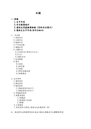 目錄目錄目錄目錄
一一一一....前緣前緣前緣前緣
1111....生平年表生平年表生平年表生平年表
2222....作品數量統計作品數量統計作品數量統計作品數量統計
3333....蒲添生蒲添生蒲添生蒲添生3333DDDD虛擬博物館虛擬博物館虛擬博物館虛擬博物館 ((((20202020件作品簡介件作品簡介件作品簡介件作品簡介))))
4444....蒲添生生平年表蒲添生生平年表蒲添生生平年表蒲添生生平年表(含作品細目含作品細目含作品細目含作品細目)
二. 作品集
1.家族作品
2.人物作品
3.動物作品
4.戶外紀念像
5.運動系列
6.人體系列
6.1大型作品(等身尺寸以上)
6.2小品
6.3遺失作品
7.紀念胸像
8.畫作
8.1速寫
8.2粉彩畫
8.3油畫
8.4學生時期水墨
8.5春聯書法
三.文字資料
1.畫冊資料
2.雜誌資料
3.報紙資料
3.1報紙資料(A4尺寸)
3.2報紙資料(A3尺寸)
4.早期報章資料
5.聘書及獎狀
5.1典藏狀
5.2感謝狀/紀念狀
5.3聘書
6.工程報告
7.其他資料(含書信,朝倉文夫私塾證明…等)
四. 蒲宜君台北師範學院碩士論文(蒲添生運動系列人體雕塑研究)
 