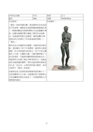 17
(17)作品名稱 年代 材質 尺寸
懷念 1981 青銅 79×29×20cm
作品說明：
〈懷念〉取材英國女體，那是模特兒在休息狀
況下的姿勢。藝術家在剎那間靈感被激發出來
了，整個身體面向與頭和臀的方向是緊繃的 90
度，扶腰及拖顎的雙手輔助了整件作品的動
向，而最後的焦點才是臉部。她與身體呈 90
度相反的方向帶出了作品要述說的重點──
「懷念」。
整件作品只有胸腔沒有動態，其餘的部位都在
動。從肚臍以下的下半身臀部，激烈的左靠到
極限，拉大垂直線作品的張力。而下半身左腳
挺住了大地，右腳從大腿、小腿至腳掌做了三
段式的曲折，至最終的腳指間舒展放射出去，
與頭部的方向做了接近 180 度的拉力，也就是
說作品最低處的腳掌，與作品最高點的頭部是
向左走，向右走，心理向度的最大幅度，也再
次說明了〈懷念〉的意涵。
而頭部在直立造型的最高點被刻意的縮小了，
它使身體產生巨大感，也使懷念的尺度藉著巨
大的身軀被形象化及量化了，但卻能夠使人引
發無限的遐思。
作品圖片：
 