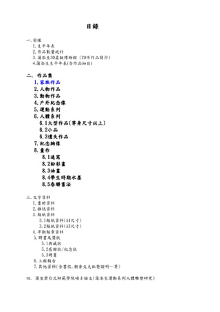 目錄目錄目錄目錄
一.前緣
1.生平年表
2.作品數量統計
3.蒲添生3D虛擬博物館 (20件作品簡介)
4.蒲添生生平年表(含作品細目)
二二二二.... 作品集作品集作品集作品集
1111....家族作品家族作品家族作品家族作品
2222....人物作品人物作品人物作品人物作品
3333....動物作品動物作品動物作品動物作品
4444....戶外紀念像戶外紀念像戶外紀念像戶外紀念像
5555....運動系列運動系列運動系列運動系列
6666....人體系列人體系列人體系列人體系列
6666....1111大型作品大型作品大型作品大型作品((((等身尺寸以上等身尺寸以上等身尺寸以上等身尺寸以上))))
6666....2222小品小品小品小品
6666....3333遺失作品遺失作品遺失作品遺失作品
7777....紀念胸像紀念胸像紀念胸像紀念胸像
8888....畫作畫作畫作畫作
8888....1111速寫速寫速寫速寫
8888....2222粉彩畫粉彩畫粉彩畫粉彩畫
8888....3333油畫油畫油畫油畫
8888....4444學生時期水墨學生時期水墨學生時期水墨學生時期水墨
8888....5555春聯書法春聯書法春聯書法春聯書法
三.文字資料
1.畫冊資料
2.雜誌資料
3.報紙資料
3.1報紙資料(A4尺寸)
3.2報紙資料(A3尺寸)
4.早期報章資料
5.聘書及獎狀
5.1典藏狀
5.2感謝狀/紀念狀
5.3聘書
6.工程報告
7.其他資料(含書信,朝倉文夫私塾證明…等)
四. 蒲宜君台北師範學院碩士論文(蒲添生運動系列人體雕塑研究)
 