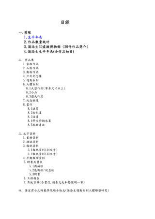 目錄
一.前緣
1.生平年表
2.作品數量統計
3.蒲添生3D虛擬博物館 (20件作品簡介)
4.蒲添生生平年表(含作品細目)
二. 作品集
1.家族作品
2.人物作品
3.動物作品
4.戶外紀念像
5.運動系列
6.人體系列
6.1大型作品(等身尺寸以上)
6.2小品
6.3遺失作品
7.紀念胸像
8.畫作
8.1速寫
8.2粉彩畫
8.3油畫
8.4學生時期水墨
8.5春聯書法
三.文字資料
1.畫冊資料
2.雜誌資料
3.報紙資料
3.1報紙資料(A4尺寸)
3.2報紙資料(A3尺寸)
4.早期報章資料
5.聘書及獎狀
5.1典藏狀
5.2感謝狀/紀念狀
5.3聘書
6.工程報告
7.其他資料(含書信,朝倉文夫私塾證明…等)
四. 蒲宜君台北師範學院碩士論文(蒲添生運動系列人體雕塑研究)
 