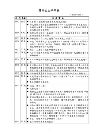 1
蒲添生生平年表蒲添生生平年表蒲添生生平年表蒲添生生平年表
年表整理：2006.10
年年年年 代代代代 年歲年歲年歲年歲 重重重重 要要要要 事事事事 記記記記
1912 出生 6 月 19 日出生於台灣嘉義美街(成仁街)。
祖父蒲榮玉是位畫家兼佛像雕刻師，父親蒲嬰以從事裱畫為業，
也精於人像畫，在嘉義美街開設「文錦裱畫店」，蒲添生耳濡目
染地對美術發生興趣。
1919 8 歲 就讀玉川公學校（嘉義第一公學校、現嘉義崇文國小），前輩畫
家陳澄波曾為其導師。
1925 14 歲 膠彩畫作品「鬥雞」獲得「新竹美展」首獎。
1928 17 歲 組成「春萌畫院」，畫友有林玉山、潘春源、黃靜山、朱芾亭、
林東令、吳左泉、施玉山、陳再添，蒲添生等，以膠彩畫作為主，
相互砥礪藝術創作之研究，
1931 20 歲 赴日。入東京川端畫學校學習素描。
1932 21 歲 入日本帝國美術學校(即今武藏野大學的前身)。先進膠彩畫科後
轉雕塑科。
1934 23 歲 入日本雕塑大師朝倉文夫雕塑私墊，師事朝倉文夫先生長達八
年。
1938 27 歲 受父親之命返台探親，塑嘉義木材商人蘇友讓先生胸像。而因蘇
君熟識前輩畫家陳澄波先生，故委請鑑賞胸像作品。陳澄波先生
鑑賞之後，甚為激賞愛才，而埋下日後姻緣之伏筆。
1939 28 歲 返台與前輩畫家陳澄波先生之長女陳紫薇小姐結婚，再赴日。
1940 29 歲 完成等身石膏雕塑作品「海民」入選日本「紀元二千六百年奉祝
美術展覽會」。
長女秀齡於日本出生。
1941 30 歲 完成「妻子」像。
返台定居。
朝倉文夫先生力勸留日發展未果後，特贈當時甚為珍貴的 10 餘
禎 國父相片，告知日後必定大有助益。
當時台灣社會環境、生活條件尚處艱辛階段，雕塑界仍是一片荒
蕪。蒲添生毅然返台，苦心耕耘，播下雕塑之種子，擔任拓荒者
的角色。
時年比蒲添生較早赴日學習雕塑返台的黃土水，大多數時間旅居
日本，且不幸在 1930 年已去世。隨後與蒲添生同時期赴日學習
雕塑尚有黃清呈與陳夏雨，而黃清呈於 1942 年由日返台途中不
幸船難逝世，陳夏雨則於 1946 年返台。後由中國大陸來台之雕
塑家丘雲、何明績、闕明德等，於 1948 年之後才陸續來台。
首屆「台陽美術協會雕塑部」成立。
1944 33 歲 長子浩明於嘉義美街出生。
 