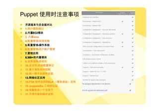 Puppet 使用时注意事项
�   开源版本与企业版对比
�   1. 用户图形接口
�   2. 内置EC2 模块
�   3. 内置vms
�   4. 配置管理-发现克隆
�   5. 配置管理-操作系统
�   6. 配置管理-用户账户管理
�   7. 管理应用
�   8.300+ 的内置模块
�   9. 业务流程-自动化
�   10.合法性-自动配置审记
�   11.基于角色访问控制
�   12.统一跨平台组件安装
�   13.网络社区支持
�   14.7 *24 技术支持和SLA （服务协议）支持
    14.7*
�   15. puppetalbs 工程师认证
�   16.依赖包在一个目录下
�   17.平滑升级和维护支持
 
