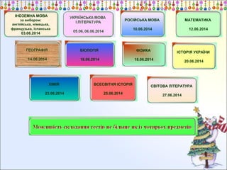 ІНОЗЕМНА МОВА

РОСІЙСЬКА МОВА

МАТЕМАТИКА

10.06.2014

за вибором:
англійська, німецька,
французька, іспанська

12.06.2014

03.06.2014

БІОЛОГІЯ

ФІЗИКА

ІСТОРІЯ УКРАЇНИ

16.06.2014

18.06.2014

20.06.2014

ХІМІЯ

ВСЕСВІТНЯ ІСТОРІЯ

СВІТОВА ЛІТЕРАТУРА

23.06.2014

25.06.2014

27.06.2014

 