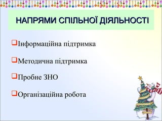 НАПРЯМИ СПІЛЬНОЇ ДІЯЛЬНОСТІ
Інформаційна підтримка
Методична підтримка
Пробне ЗНО
Організаційна робота

 