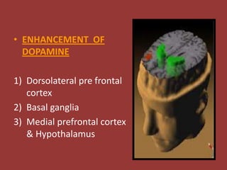 • ENHANCEMENT OF
DOPAMINE
1) Dorsolateral pre frontal
cortex
2) Basal ganglia
3) Medial prefrontal cortex
& Hypothalamus

 