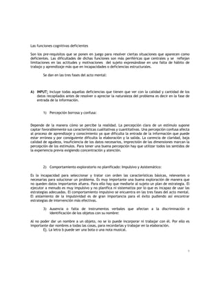 Las funciones cognitivas deficientes
Son los pre-requisitos que se ponen en juego para resolver ciertas situaciones que aparecen como
deficientes. Las dificultades de dichas funciones son más periféricas que centrales y se reflejan
limitaciones en las actitudes y motivaciones del sujeto expresándose en una falta de hábito de
trabajo y aprendizaje más que en incapacidades o deficiencias estructurales.
Se dan en las tres fases del acto mental:

A) INPUT: Incluye todas aquellas deficiencias que tienen que ver con la calidad y cantidad de los
datos recopilados antes de resolver o apreciar la naturaleza del problema es decir en la fase de
entrada de la información.

1) Percepción borrosa y confusa:
Depende de la manera cómo se percibe la realidad. La percepción clara de un estímulo supone
captar favorablemente sus características cualitativas y cuantitativas. Una percepción confusa afecta
al proceso de aprendizaje y conocimiento ya que dificulta la entrada de la información que puede
estar errónea y por consiguiente dificulta la elaboración y la salida. La carencia de claridad, baja
calidad de agudeza, insuficiencia de los datos necesarios, imprecisión de las dimensiones marcan la
percepción de los estímulos. Para tener una buena percepción hay que utilizar todos los sentidos de
la experiencia previa exigiendo concentración y atención.

2) Comportamiento exploratorio no planificado: Impulsivo y Asistemático:
Es la incapacidad para seleccionar y tratar con orden las características básicas, relevantes o
necesarias para solucionar un problema. Es muy importante una buena exploración de manera que
no queden datos importantes afuera. Para ello hay que mediarle al sujeto un plan de estrategia. El
ejecutor a menudo es muy impulsivo y no planifica ni sistematiza por lo que es incapaz de usar las
estrategias adecuadas. El comportamiento impulsivo se encuentra en las tres fases del acto mental.
El aislamiento de la impulsividad es de gran importancia para el éxito pudiendo así encontrar
estrategias de intervención más efectivas.
3) Ausencia o falta de instrumentos verbales que afectan a la discriminación e
identificación de los objetos con su nombre:
Al no poder dar un nombre a un objeto, no se lo puede incorporar ni trabajar con él. Por ello es
importante dar nombres a todas las cosas, para recordarlas y trabajar en la elaboración.
Ej. La letra b puede ser una bota o una nota musical.

9

 