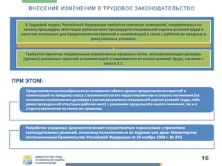 ВНЕСЕНИЕ ИЗМЕНЕНИЙ В ТРУДОВОЕ ЗАКОНОДАТЕЛЬСТВО
В Трудовой кодекс Российской Федерации требуется внесение изменений, направленных на
замену процедуры аттестации рабочих мест процедурой специальной оценки условий труда в
качестве основания для предоставления гарантий и компенсаций в связи с работой во вредных и
(или) опасных условиях.
Требуется принятие подзаконных нормативных правовых актов, устанавливающих размеры
(уровни) указанных гарантий и компенсаций в зависимости от класса условий труда, начиная с
класса 3.1.

ПРИ ЭТОМ:

16

 