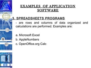 EXAMPLES OF APPLICATION
SOFTWARE
3. SPREADSHEETS PROGRAMS
- are rows and columns of data organized and
calculations are performed. Examples are:
a. Microsoft Excel
b. AppleNumbers
c. OpenOffice.org Calc

 