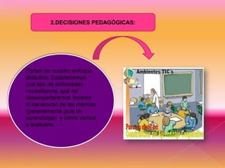 2.DECISIONES PEDAGÓGICAS:

Parten de nuestro enfoque
didáctico: Establecemos
qué tipo de actividades
necesitamos, qué rol
desempeñaremos durante
el transcurso de las mismas
(generalmente guía de
aprendizaje) y cómo vamos
a evaluarlo.

 