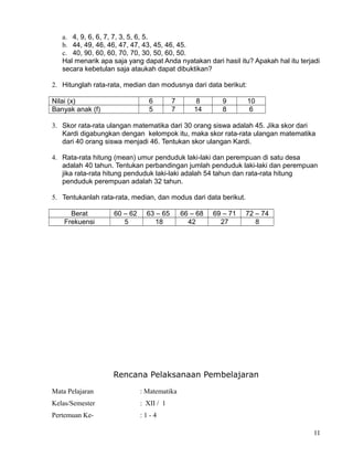a. 4, 9, 6, 6, 7, 7, 3, 5, 6, 5.
b. 44, 49, 46, 46, 47, 47, 43, 45, 46, 45.
c. 40, 90, 60, 60, 70, 70, 30, 50, 60, 50.
Hal menarik apa saja yang dapat Anda nyatakan dari hasil itu? Apakah hal itu terjadi
secara kebetulan saja ataukah dapat dibuktikan?
2. Hitunglah rata-rata, median dan modusnya dari data berikut:
Nilai (x)
Banyak anak (f)

6
5

7
7

8
14

9
8

10
6

3. Skor rata-rata ulangan matematika dari 30 orang siswa adalah 45. Jika skor dari
Kardi digabungkan dengan kelompok itu, maka skor rata-rata ulangan matematika
dari 40 orang siswa menjadi 46. Tentukan skor ulangan Kardi.
4. Rata-rata hitung (mean) umur penduduk laki-laki dan perempuan di satu desa
adalah 40 tahun. Tentukan perbandingan jumlah penduduk laki-laki dan perempuan
jika rata-rata hitung penduduk laki-laki adalah 54 tahun dan rata-rata hitung
penduduk perempuan adalah 32 tahun.
5. Tentukanlah rata-rata, median, dan modus dari data berikut.
Berat
Frekuensi

60 – 62
5

63 – 65
18

66 – 68
42

69 – 71
27

72 – 74
8

Rencana Pelaksanaan Pembelajaran
Mata Pelajaran

: Matematika

Kelas/Semester

: XII / 1

Pertemuan Ke-

:1-4
11

 