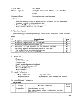Alokasi Waktu

: 8 X 45 menit

Standar Kompetensi

: Menerapkan aturan konsep statistika dalam pemecahan
masalah

Kompetensi Dasar

: Menentukan ukuran penyebaran data

Indikator

:

 Jangkauan, simpangan rata-rata, simpangan baku, jangkauan semi interkuartil, dan
jangkauan persentil ditentukan dari suatu data.
 Nilai standar (Z-score) ditentukan dari suatu data
 Koefisien variasi ditentukan dari suatu data
I. Tujuan Pembelajaran

:

Setelah mempelajari uraian kegiatan belajar tentang operasi bilangan riil ini anda diharapkan
dapat :
No
Uraian Tujuan
1
Menghitung jangkauan dari suatu data.
2
Menghitung Simpangan rata-rata dari suatu data
3
Menghitung Simpangan baku dari suatu data
4
Menghitung kuartil dan jangkauan semi interkuartil dari suatu data
5
Menghitung persentil dan Jangkauan persentil dari suatu data
6
Nilai standar (Z-score) ditentukan dari suatu data
7
Koefisien variasi ditentukan dari suatu data
II

Aspek
C2
C2
C2
C2
C2
C2
C2

Materi Ajar
 Jangkauan,
 Simpangan rata-rata,
 Simpangan baku,
 Kuartil dan Jangkauan semi interkuartil
 Persentil dan Jangkauan persentil
 Nilai standar (Z-score)
 Koefisien variasi

III. Metode Pembelajaran :



Model pembelajaran
Tipe pembelajaran

:
:

Cooperatif Learning
Student Teams Achievment Division (STAD)

IV. Langkah-langkah Pembelajaran :
Pertemun ke-1
No
1

Struktur
Pendahuluan

Kegiatan Pembelajaran



Guru melakukan presensi.
Guru menyampaikan tujuan pembelajaran, dan pokokpokok kegiatan

Waktu
(menit)
5

12

 
