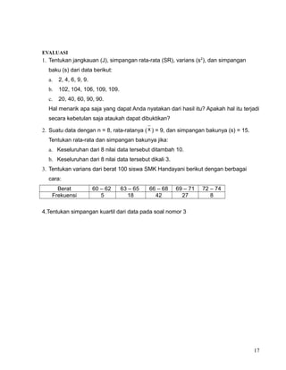 EVALUASI

1. Tentukan jangkauan (J), simpangan rata-rata (SR), varians (s 2), dan simpangan
baku (s) dari data berikut:
a.

2, 4, 6, 9, 9.

b.

102, 104, 106, 109, 109.

c.

20, 40, 60, 90, 90.

Hal menarik apa saja yang dapat Anda nyatakan dari hasil itu? Apakah hal itu terjadi
secara kebetulan saja ataukah dapat dibuktikan?
2. Suatu data dengan n = 8, rata-ratanya ( x ) = 9, dan simpangan bakunya (s) = 15.
Tentukan rata-rata dan simpangan bakunya jika:
a. Keseluruhan dari 8 nilai data tersebut ditambah 10.
b. Keseluruhan dari 8 nilai data tersebut dikali 3.
3. Tentukan varians dari berat 100 siswa SMK Handayani berikut dengan berbagai
cara:
Berat
Frekuensi

60 – 62
5

63 – 65
18

66 – 68
42

69 – 71
27

72 – 74
8

4.Tentukan simpangan kuartil dari data pada soal nomor 3

17

 