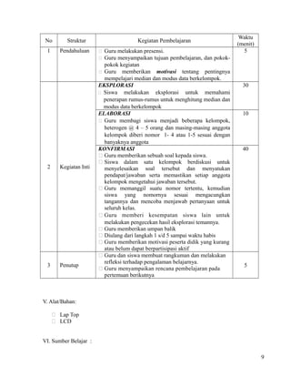 No
1

Struktur
Pendahuluan

2

Kegiatan Inti

3

Penutup

Kegiatan Pembelajaran
Guru melakukan presensi.
Guru menyampaikan tujuan pembelajaran, dan pokokpokok kegiatan
 Guru memberikan motivasi tentang pentingnya
mempelajari median dan modus data berkelompok.
EKSPLORASI
 Siswa melakukan eksplorasi untuk memahami
penerapan rumus-rumus untuk menghitung median dan
modus data berkelompok
ELABORASI
 Guru membagi siswa menjadi beberapa kelompok,
heterogen @ 4 – 5 orang dan masing-masing anggota
kelompok diberi nomor 1- 4 atau 1-5 sesuai dengan
banyaknya anggota
KONFIRMASI
 Guru memberikan sebuah soal kepada siswa.
 Siswa dalam satu kelompok berdiskusi untuk
menyelesaikan soal tersebut dan menyatukan
pendapat/jawaban serta memastikan setiap anggota
kelompok mengetahui jawaban tersebut.
 Guru memanggil suatu nomor tertentu, kemudian
siswa yang nomornya sesuai mengacungkan
tangannya dan mencoba menjawab pertanyaan untuk
seluruh kelas.
 Guru memberi kesempatan siswa lain untuk
melakukan pengecekan hasil eksplorasi temannya.
 Guru memberikan umpan balik
 Diulang dari langkah 1 s/d 5 sampai waktu habis
 Guru memberikan motivasi peserta didik yang kurang
atau belum dapat berpartisipasi aktif
 Guru dan siswa membuat rangkuman dan melakukan
refleksi terhadap pengalaman belajarnya.
 Guru menyampaikan rencana pembelajaran pada
pertemuan berikutnya



Waktu
(menit)
5

30

10

40

5

V. Alat/Bahan:
 Lap Top
 LCD
VI. Sumber Belajar :
9

 