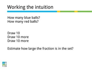 Working the intuition
How many blue balls?
How many red balls?
Draw 10
Draw 10 more
Draw 10 more
Estimate how large the fraction is in the set?

 