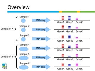Overview
Sample 1
RNA-seq
Condition X

GeneA GeneB

GeneC

GeneA GeneB

GeneC

GeneA GeneB

GeneC

GeneA GeneB

GeneC

GeneA GeneB

GeneC

GeneA GeneB

GeneC

Sample 2
RNA-seq
Sample 3
RNA-seq
Sample 4
RNA-seq

Condition Y

Sample 5
RNA-seq
Sample 6
RNA-seq

 