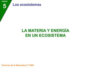 UNIDAD

5

Los ecosistemas

LA MATERIA Y ENERGÍA
EN UN ECOSISTEMA

Ciencias de la Naturaleza 2.º ESO

 
