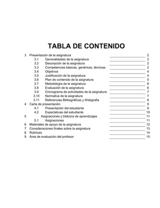 TABLA DE CONTENIDO
3

4

5
6
7
8
9

Presentación de la asignatura
3.1
Generalidades de la asignatura
3.2
Descripción de la asignatura
3.3
Competencias básicas, genéricas, técnicas.
3.4
Objetivos
3.5
Justificación de la asignatura
3.6
Plan de contenido de la asignatura
3.7
Metodología de la asignatura
3.8
Evaluación de la asignatura
3.9
Cronograma de actividades de la asignatura
3.10
Normativa de la asignatura
3.11
Referencias Bibliográficas y Webgrafia
Carta de presentación
4.1
Presentación del estudiante
4.2
Expectativas del estudiante
Asignaciones y bitácora de aprendizajes
5.1
Asignaciones
Materiales de apoyo de la asignatura
Consideraciones finales sobre la asignatura
Rúbricas
Área de evaluación del profesor

2
2
2
2
4
4
5
6
6
7
7
8
9
9
10
11
11
12
13
14
15

 