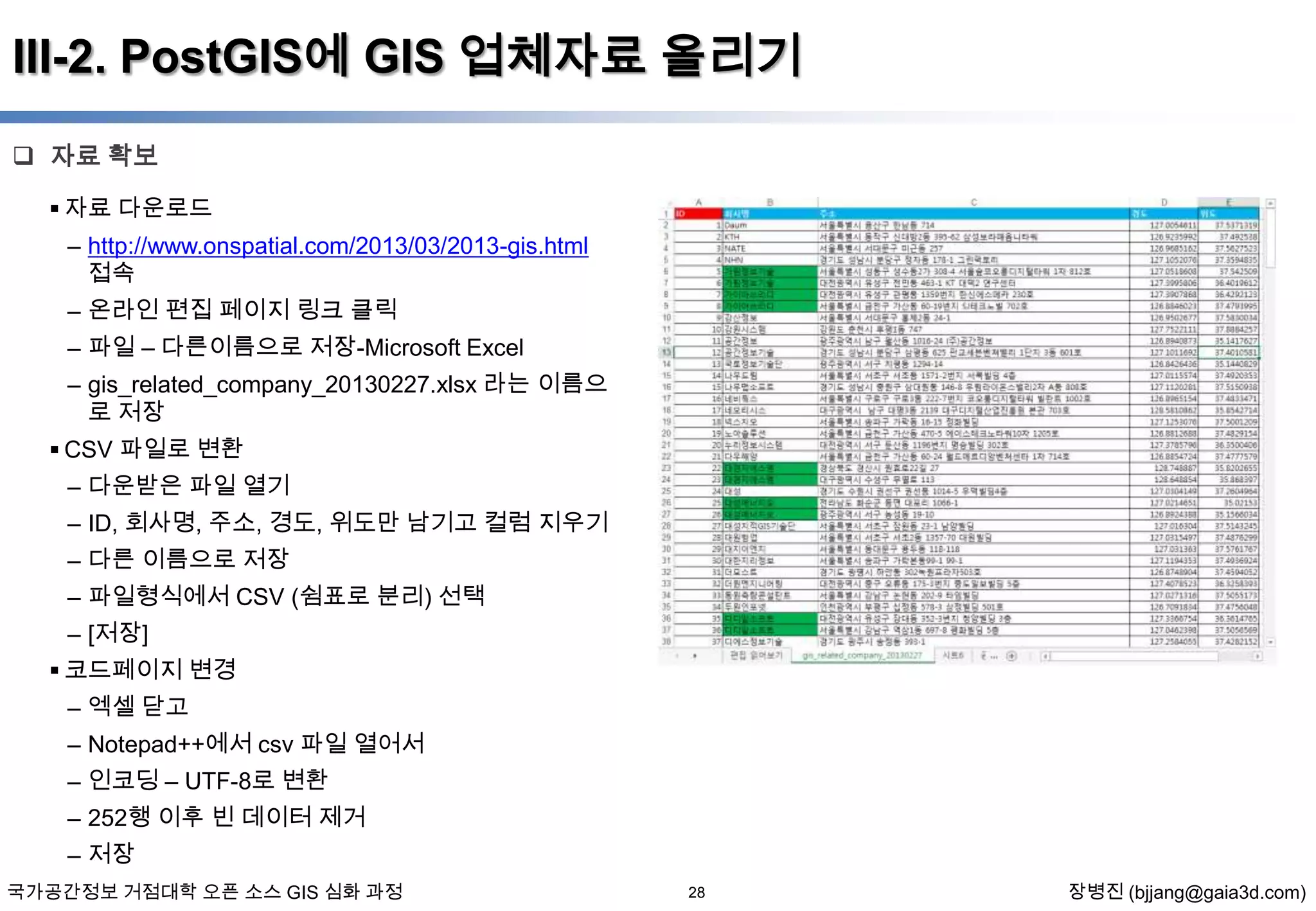 III-2. PostGIS에 GIS 업체자료 올리기
 자료 확보
 자료 다운로드
– http://www.onspatial.com/2013/03/2013-gis.html
접속
– 온라인 편집 페이지 링크 클릭
– 파일 – 다른이름으로 저장-Microsoft Excel
– gis_related_company_20130227.xlsx 라는 이름으
로 저장
 CSV 파일로 변환
– 다운받은 파일 열기
– ID, 회사명, 주소, 경도, 위도만 남기고 컬럼 지우기
– 다른 이름으로 저장
– 파일형식에서 CSV (쉼표로 분리) 선택
– [저장]
 코드페이지 변경
– 엑셀 닫고
– Notepad++에서 csv 파일 열어서
– 인코딩 – UTF-8로 변환
– 252행 이후 빈 데이터 제거
– 저장
국가공간정보 거점대학 오픈 소스 GIS 심화 과정

28

장병진 (bjjang@gaia3d.com)

 