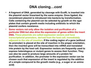 DNA cloning…cont
•

•

A fragment of DNA, generated by cleavage with EcoRI, is inserted into
the plasmid vector linearized by the same enzyme. Once ligated, the
recombinant plasmid is introduced into bacteria by transformation.
Cells containing the plasmid can be selected by growth on the agar
plates that contain growth media including antibiotic to which the
plasmid confers resistance.
Some vectors not only allow the isolation and purification of a
particular DNA but also drive the expression of genes within the insert
DNA. These plasmids are called expression vectors and have
transcriptional promoters, derived from the host cell, immediately
adjacent to the site of insertion. If the coding region of a gene (without
its promoter) is placed at the site of insertion in the proper orientation,
then the inserted gene will be transcribed into mRNA and translated
into protein by the host cell. Expression vectors are frequently used to
express heterologous or mutant genes to assess their function. They
can also be used to produce large amounts of a protein for
purification. In addition, the promoter in the expression vector can be
chosen such that expression of the insert is regulated by the addition
of a simple compound to the growth media (e.g., a sugar or an amino
acid)

 
