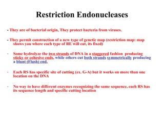 Restriction Endonucleases
- They are of bacterial origin, They protect bacteria from viruses.
- They permit construction of a new type of genetic map (restriction map: map
shows you where each type of RE will cut, its fixed)
-

Some hydrolyze the two strands of DNA in a staggered fashion producing
sticky or cohesive ends, while others cut both strands symmetrically producing
a blunt (Flush) end.

-

Each RS has specific site of cutting (ex. G-A) but it works on more than one
location on the DNA

-

No way to have different enzymes recognizing the same sequence, each RS has
its sequence length and specific cutting location

 
