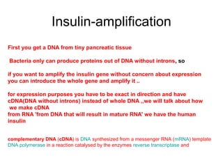 Insulin-amplification
First you get a DNA from tiny pancreatic tissue
Bacteria only can produce proteins out of DNA without introns, so
if you want to amplify the insulin gene without concern about expression
you can introduce the whole gene and amplify it ..
for expression purposes you have to be exact in direction and have
cDNA(DNA without introns) instead of whole DNA ,,we will talk about how
we make cDNA
from RNA 'from DNA that will result in mature RNA' we have the human
insulin
complementary DNA (cDNA) is DNA synthesized from a messenger RNA (mRNA) template 
DNA polymerase in a reaction catalysed by the enzymes reverse transcriptase and

 