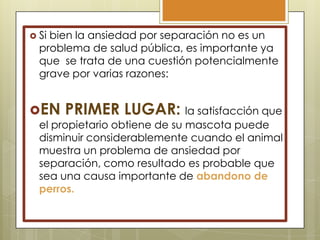  Si

bien la ansiedad por separación no es un
problema de salud pública, es importante ya
que se trata de una cuestión potencialmente
grave por varias razones:

EN

PRIMER LUGAR: la satisfacción que

el propietario obtiene de su mascota puede
disminuir considerablemente cuando el animal
muestra un problema de ansiedad por
separación, como resultado es probable que
sea una causa importante de abandono de
perros.

 