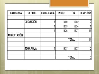CATEGORIA

DETALLE

FRECUENCIA

DEGLUCIÓN

1
1
1

INICIO
10:00
10:53
13:26

FIN
10:02
10:54
13:37

TIEMPO/min
2
1
11

ALIMENTACIÓN
TOTAL
TOMA AGUA

1

13:37

13:37
TOTAL

14
0
0

 