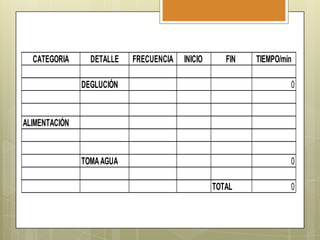 CATEGORIA

DETALLE

FRECUENCIA

INICIO

FIN

TIEMPO/min

DEGLUCIÓN

0

TOMA AGUA

0

ALIMENTACIÓN

TOTAL

0

 