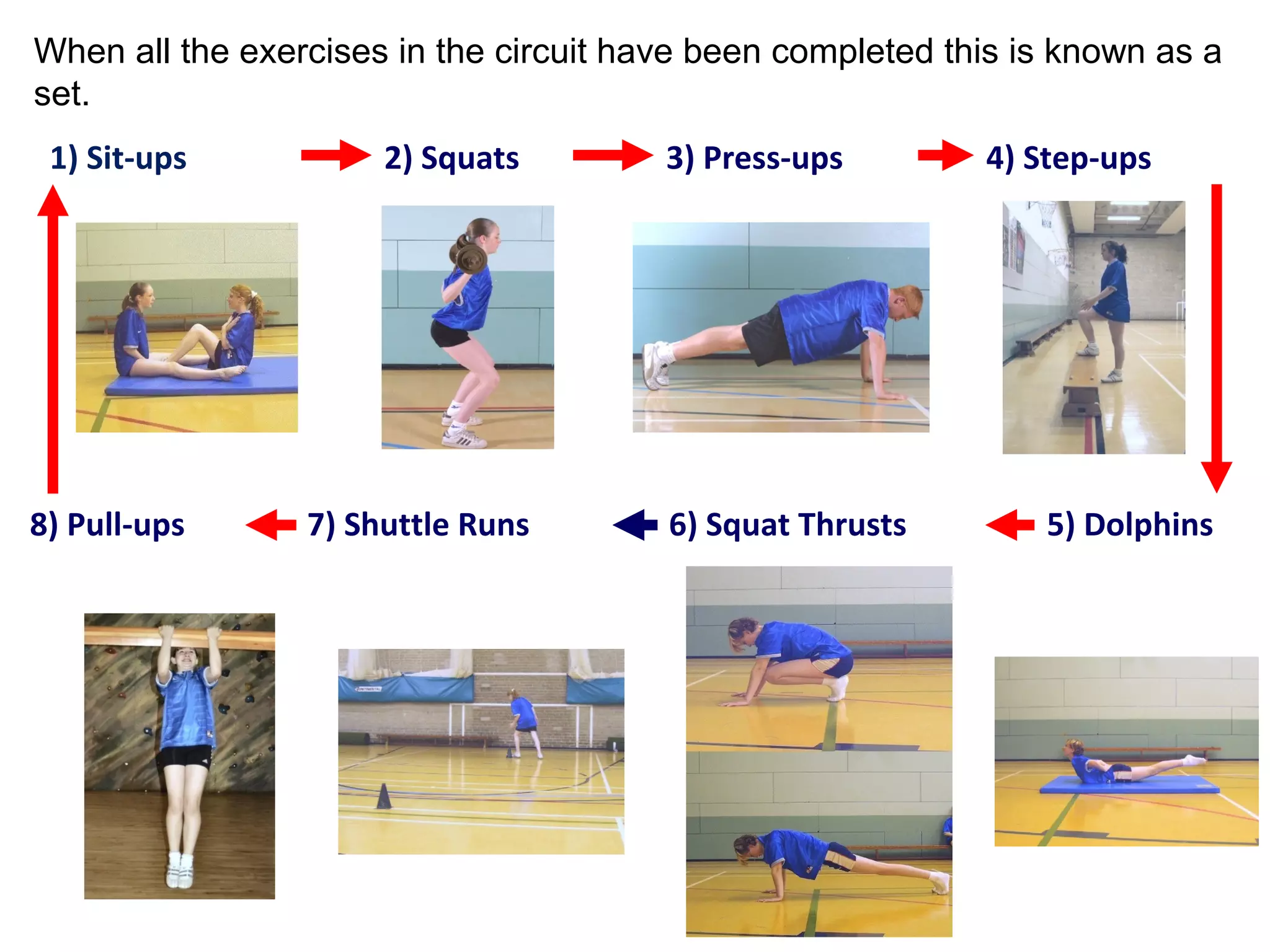When all the exercises in the circuit have been completed this is known as a
set.
1) Sit-ups

2) Squats

8) Pull-ups

7) Shuttle Runs

3) Press-ups

6) Squat Thrusts

4) Step-ups

5) Dolphins

 