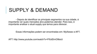 SUPPLY & DEMAND
- Depois de identificar os principais segmentos na sua cidade, é
importante ver quais mercados alvo podemos atender. Para isso, é
importante analisar o atual supply que temos para oferecer.

Essas informações podem ser encontradas em: MyAiesec e AFT.

AFT: http://www.youtube.com/watch?v=FfUdDmO9boU

 